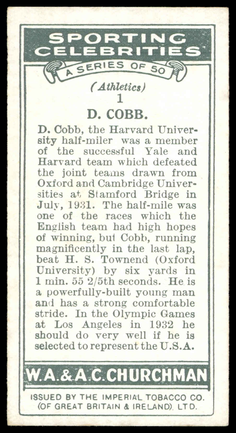 Churchman - 'Sporting Celebrities' (1931) - #1 - D. Cobb (Athletics) Churchman - 'Sporting Celebrities' (1931) - #1 - D. Cobb (Athletics)