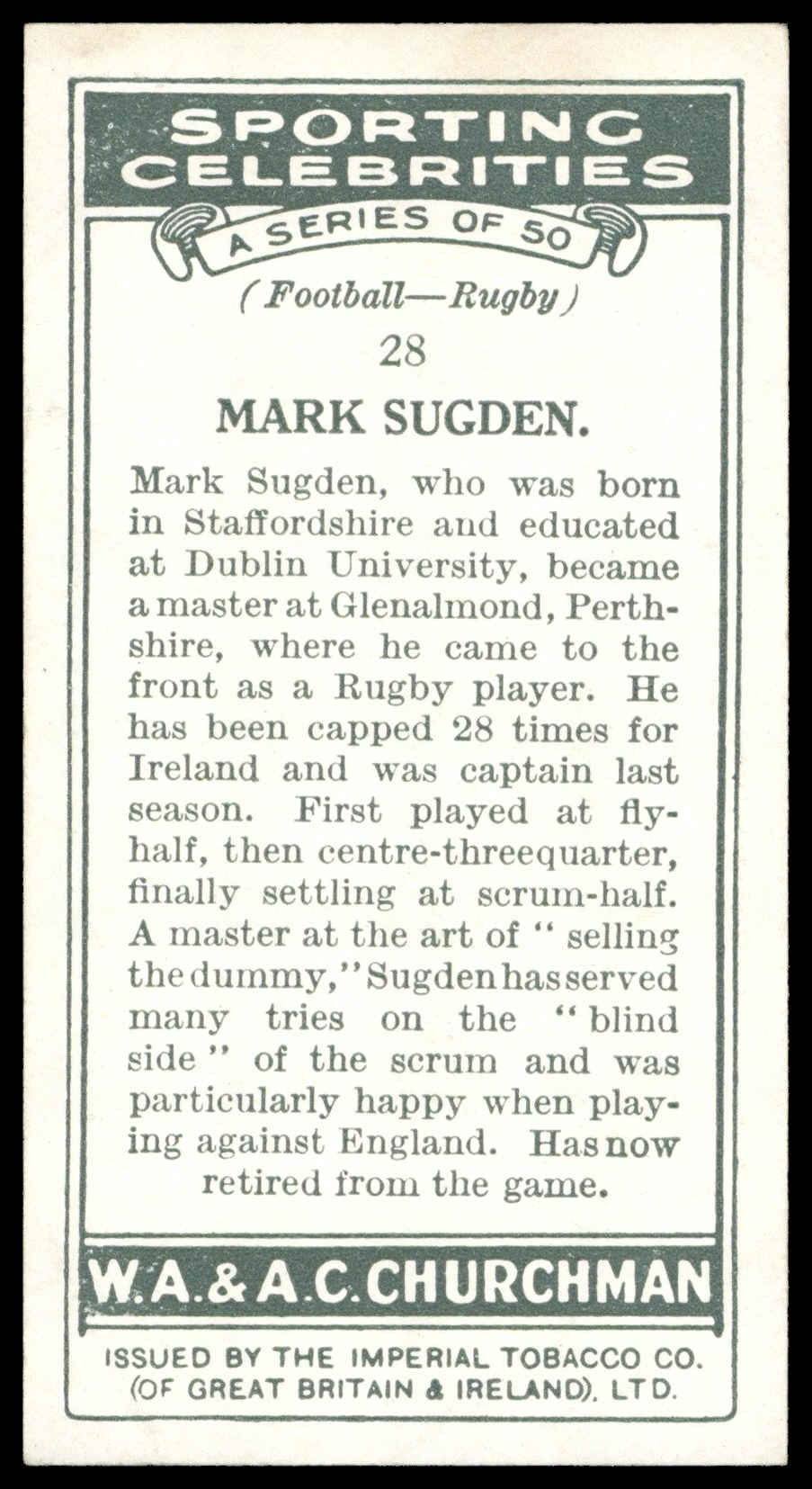 Churchman - 'Sporting Celebrities' (1931) - #28 - Mark Sugden (Rugby) Churchman - 'Sporting Celebrities' (1931) - #28 - Mark Sugden (Rugby)
