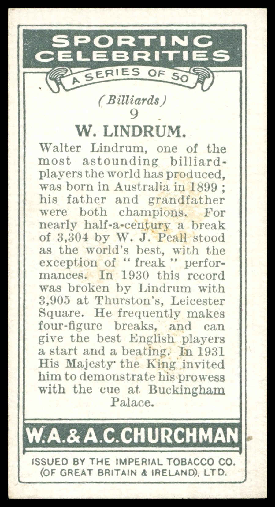 Churchman - 'Sporting Celebrities' (1931) - #9 - W. Lindrum (Billiards) Churchman - 'Sporting Celebrities' (1931) - #9 - W. Lindrum (Billiards)