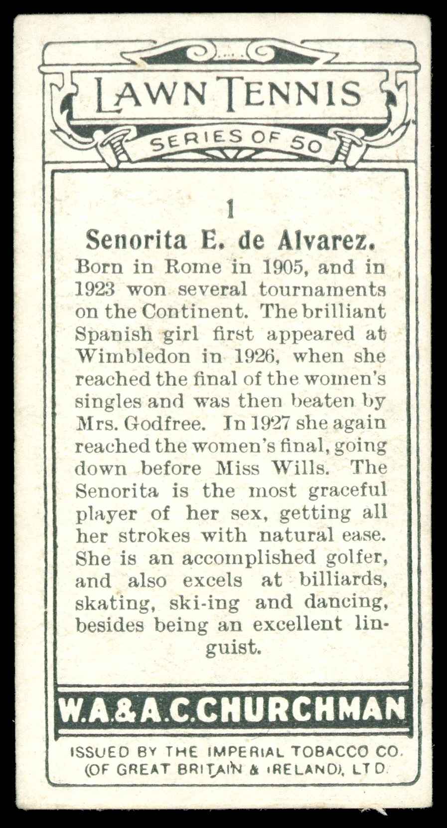 Churchman - 'Lawn Tennis' (1928) - Senorita E. de Alvarez Churchman - 'Lawn Tennis' (1928) - Senorita E. de Alvarez