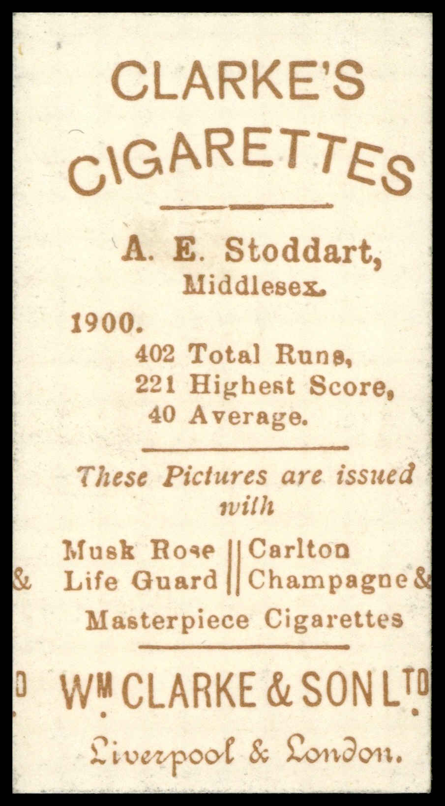 Clarke - 'Cricketer Series' (1901) - A.E. Stoddart (Middlesex) Clarke - 'Cricketer Series' (1901) - A.E. Stoddart (Middlesex)