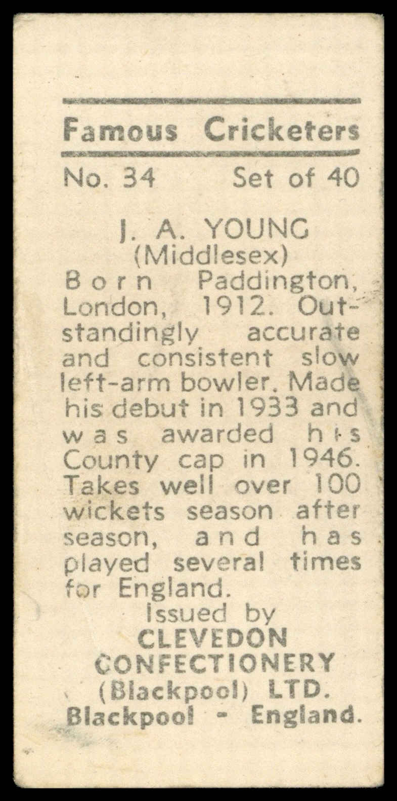 Clevedon - 'Famous Cricketers (40)' (c1960) - #34 - J.A. Young (Middlesex) Clevedon - 'Famous Cricketers (40)' (c1960) - #34 - J.A. Young (Middlesex)