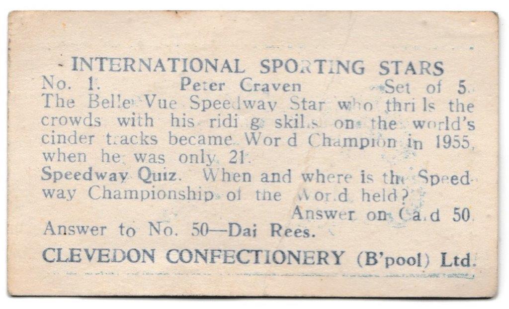 Clevedon Confectionery - 'International Sporting Stars' (1960) - Card #1 - Peter Craven Clevedon Confectionery - 'International Sporting Stars' (1960) - Card #1 - Peter Craven