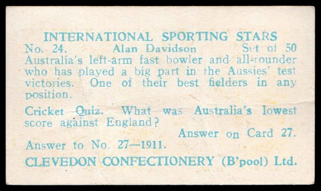 Clevedon Confectionery - 'International Sporting Stars' (1960) - Card #24 - Alan Davidson Clevedon Confectionery - 'International Sporting Stars' (1960) - Card #24 - Alan Davidson
