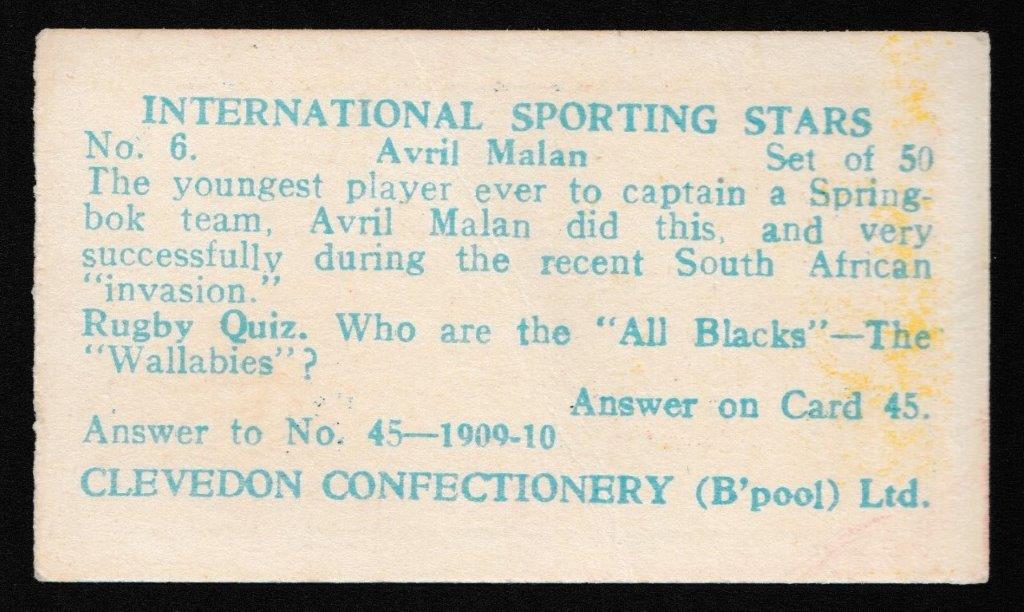 Clevedon Confectionery - 'International Sporting Stars' (1960) - Card #6 - Avril Malan Clevedon Confectionery - 'International Sporting Stars' (1960) - Card #6 - Avril Malan