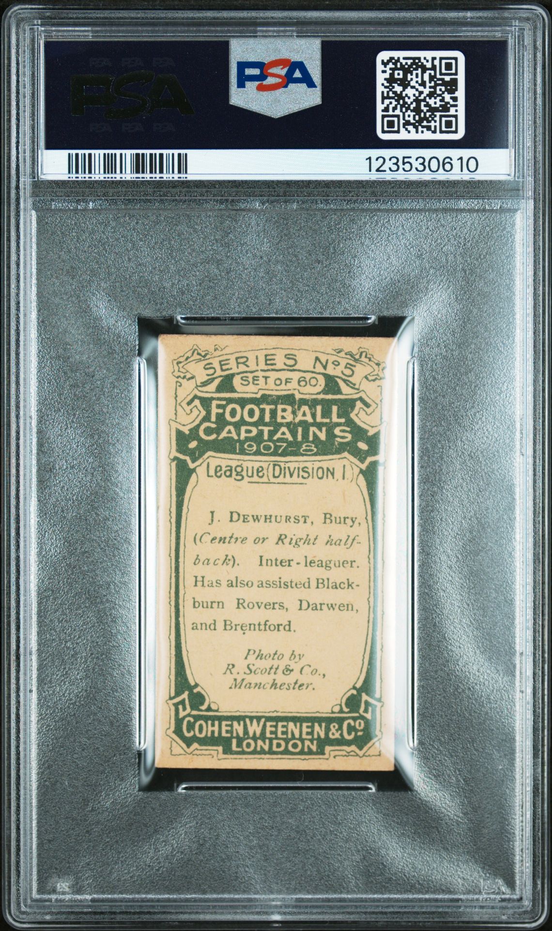 Cohen Weenen - 'Football Captains 1907-8' (1907) - J. Dewhurst (Bury) **PSA5** Cohen Weenen - 'Football Captains 1907-8' (1907) - J. Dewhurst (Bury) **PSA5**