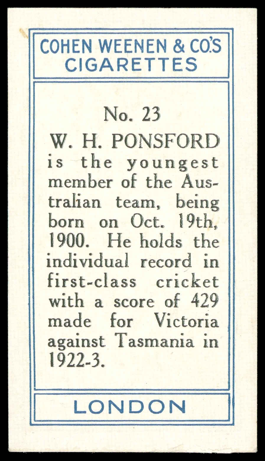 Cohen Weenen - 'Cricketers' (1926) - W.H. Ponsford (Australia) Cohen Weenen - 'Cricketers' (1926) - W.H. Ponsford (Australia)
