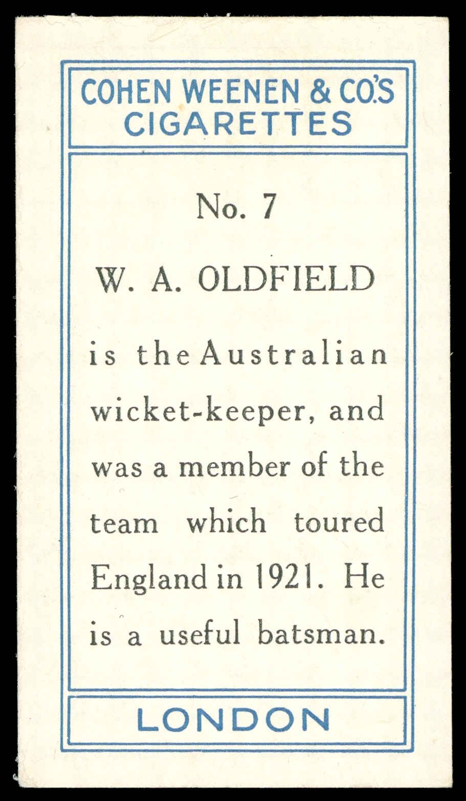 Cohen Weenen - 'Cricketers' (1926) - W.A. Oldfield (N.S.W.) Cohen Weenen - 'Cricketers' (1926) - W.A. Oldfield (N.S.W.)