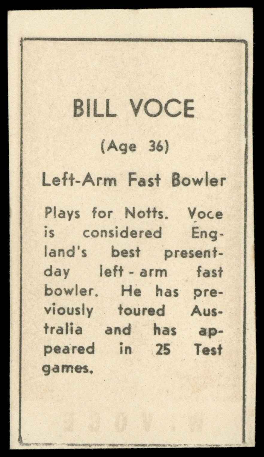 Coles Stores - 'Cricketers (Frame)' (1946) - Bill Voce (Notts) Coles Stores - 'Cricketers (Frame)' (1946) - Bill Voce (Notts)