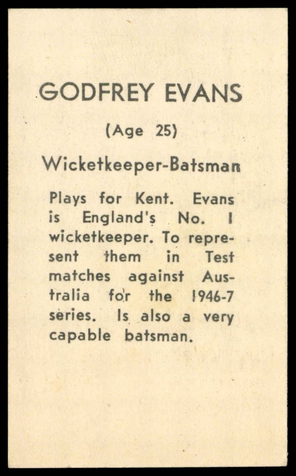 Coles Stores - 'Cricketers (NF)' (1946) - Godfrey Evans (Kent) Coles Stores - 'Cricketers (NF)' (1946) - Godfrey Evans (Kent)