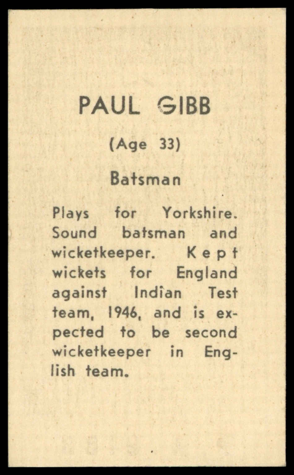Coles Stores - 'Cricketers (NF)' (1946) - Paul Gibb (Yorkshire) Coles Stores - 'Cricketers (NF)' (1946) - Paul Gibb (Yorkshire)