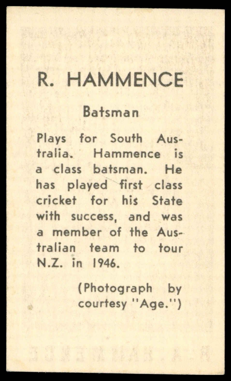 Coles Stores - 'Cricketers (NF)' (1946) - R. Hamence (South Australia) Coles Stores - 'Cricketers (NF)' (1946) - R. Hamence (South Australia)