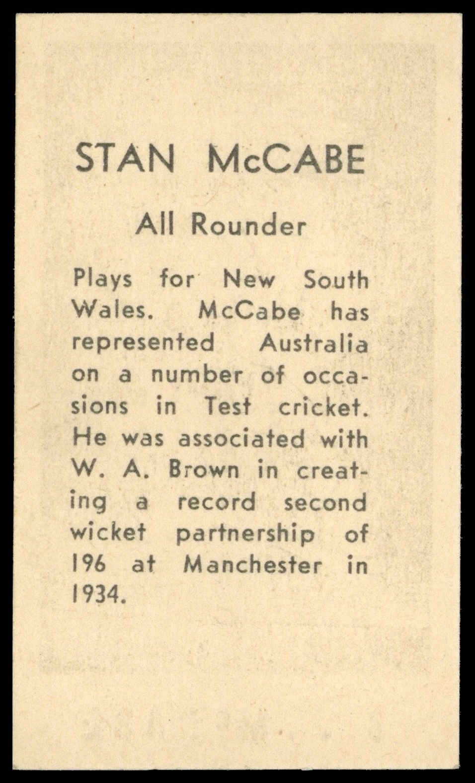 Coles Stores - 'Cricketers (NF)' (1946) - S.J.. McCabe (New South Wales) Coles Stores - 'Cricketers (NF)' (1946) - S.J.. McCabe (New South Wales)