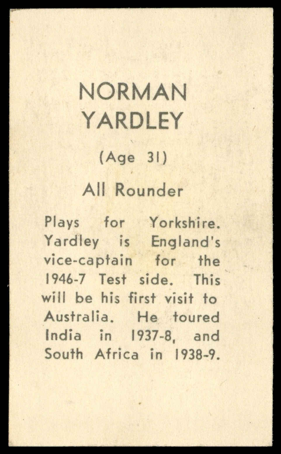 Coles Stores - 'Cricketers (NF)' (1946) - Norman Yardley (Yorkshire) Coles Stores - 'Cricketers (NF)' (1946) - Norman Yardley (Yorkshire)