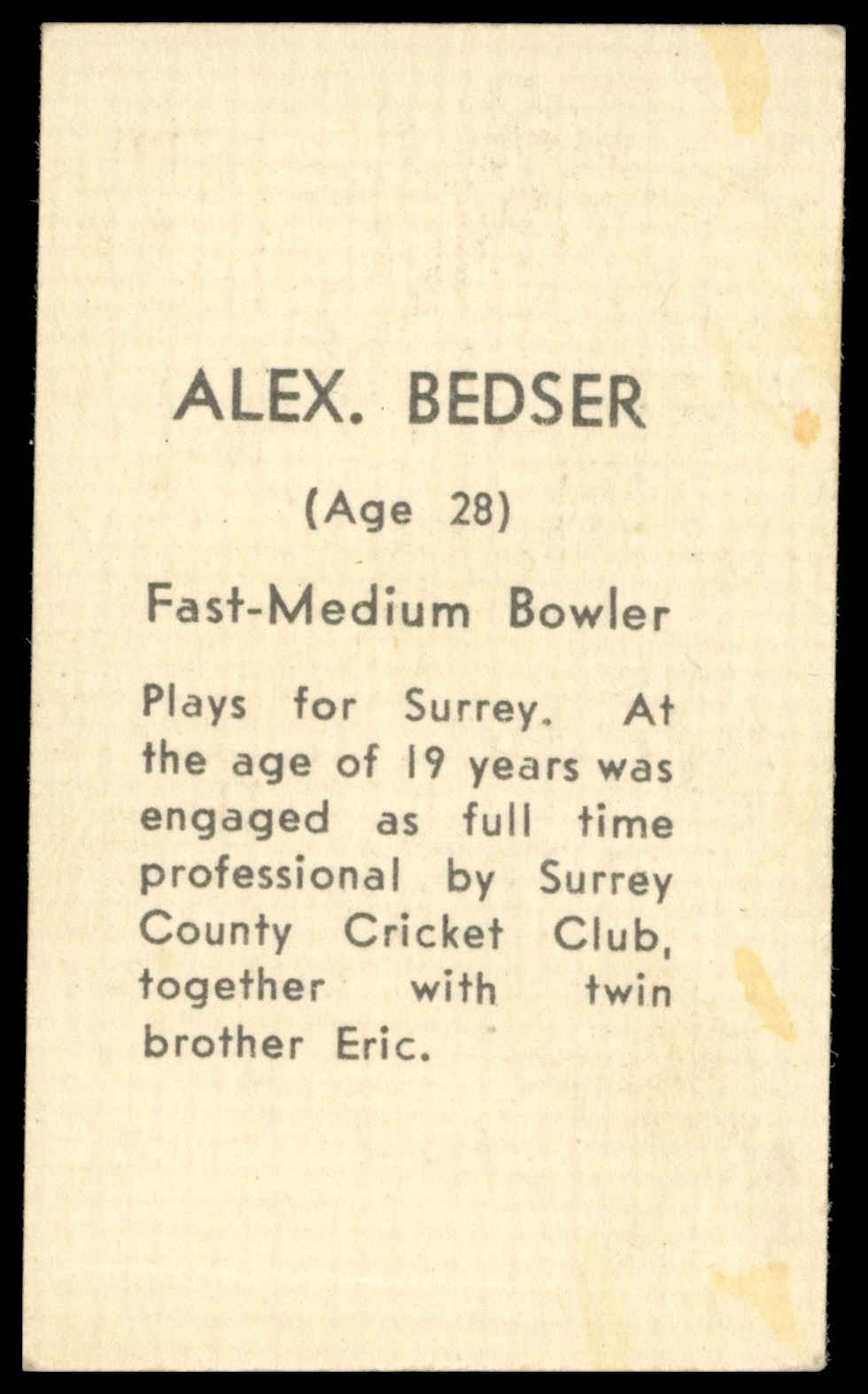 Coles Stores - 'Cricketers (NF)' (1946) - Alex. Bedser (Surrey) Coles Stores - 'Cricketers (NF)' (1946) - Alex. Bedser (Surrey)