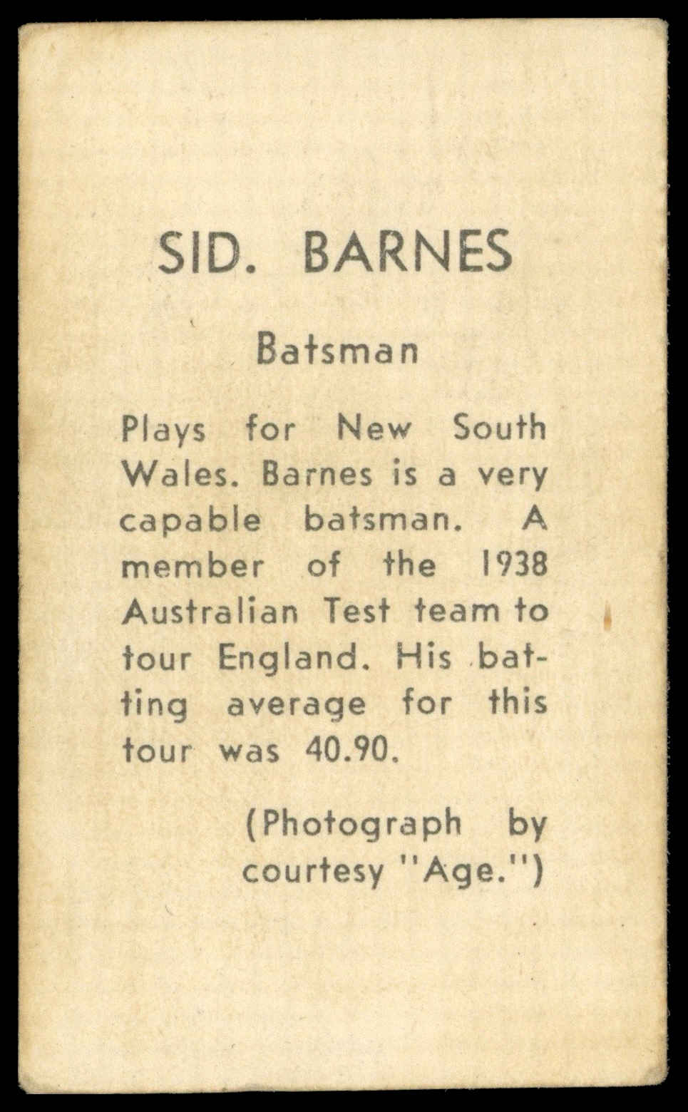 Coles Stores - 'Cricketers (No Frame)' (1946) - Sid Barnes (New South Wales) Coles Stores - 'Cricketers (No Frame)' (1946) - Sid Barnes (New South Wales)