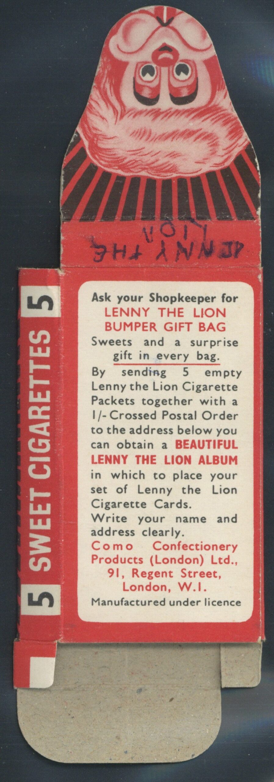 Como Confectionery - 'Lenny The Lion Sweet Cigarettes Empty Packet' Como Confectionery - 'Lenny The Lion Sweet Cigarettes Empty Packet'