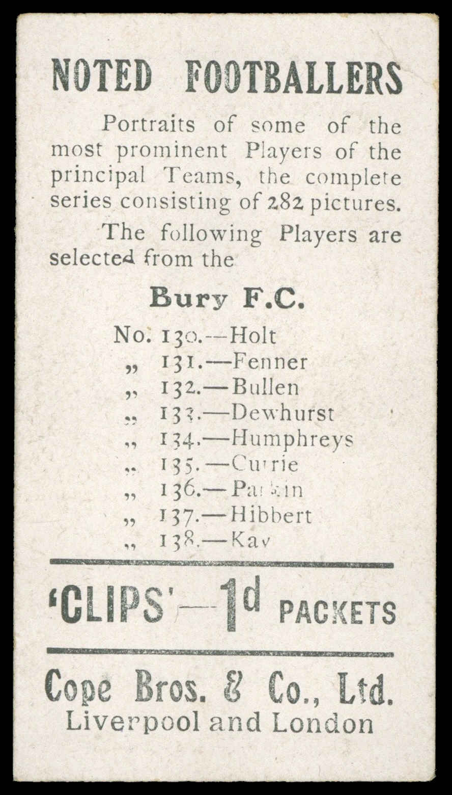 Cope - 'Noted Footballers (282)' (c1910) - Dewhurst (Bury) Cope - 'Noted Footballers (282)' (c1910) - Dewhurst (Bury)