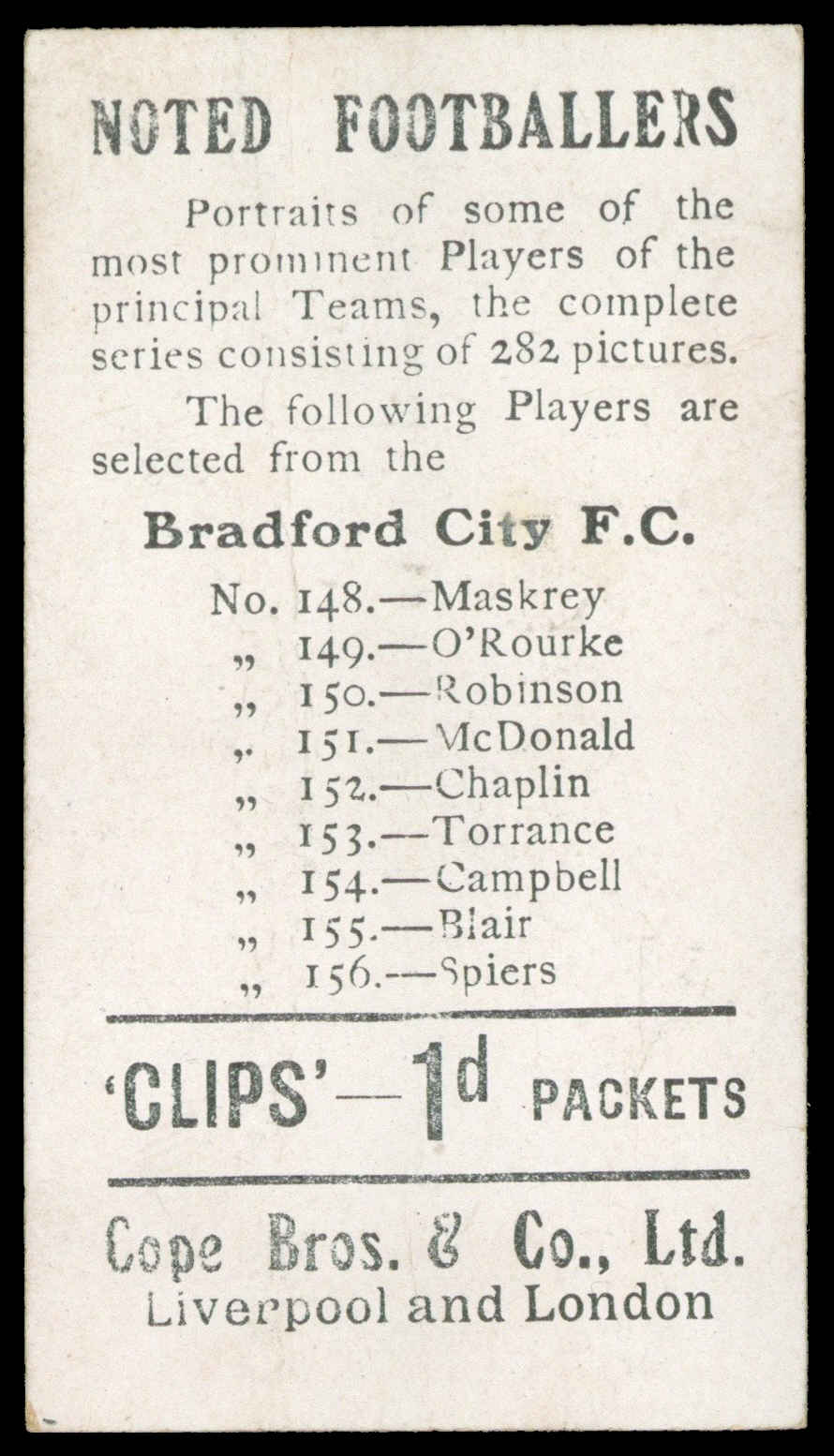 Cope - 'Noted Footballers (282)' (c1910) - MacDonald (Bradford City) Cope - 'Noted Footballers (282)' (c1910) - MacDonald (Bradford City)