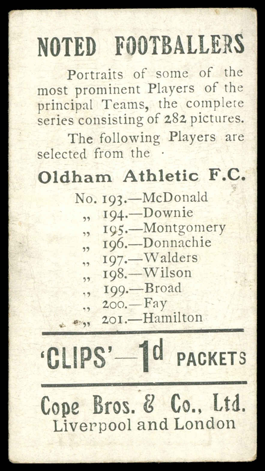 Cope - 'Noted Footballers (282)' (c1910) - Wilson (Oldham Athletic) Cope - 'Noted Footballers (282)' (c1910) - Wilson (Oldham Athletic)