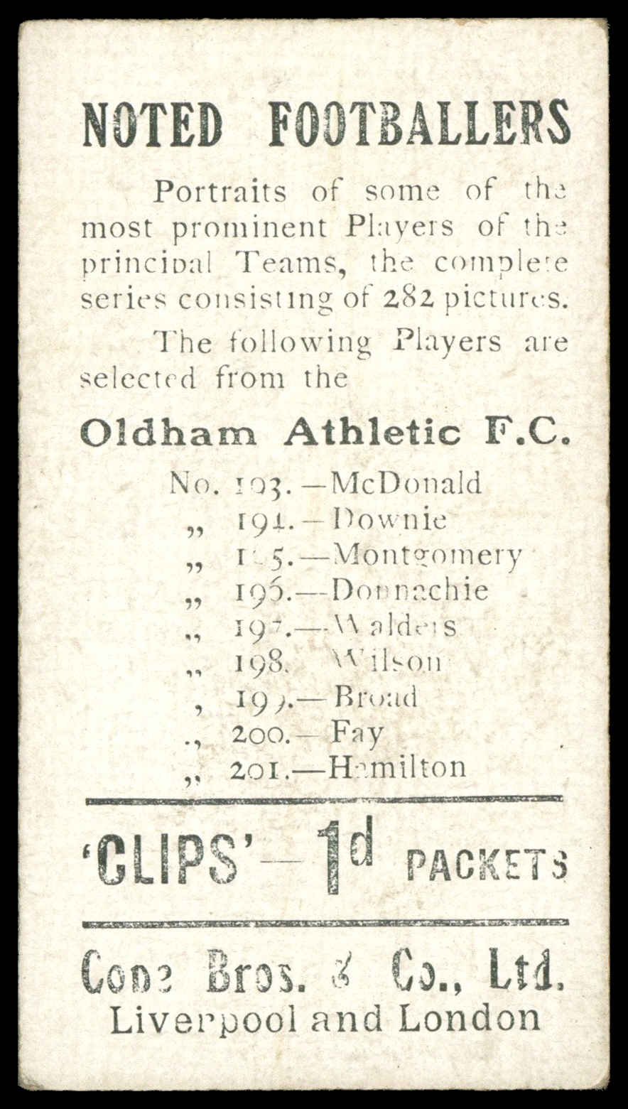 Cope - 'Noted Footballers (282)' (c1910) - Hamilton (Oldham Athletic) Cope - 'Noted Footballers (282)' (c1910) - Hamilton (Oldham Athletic)