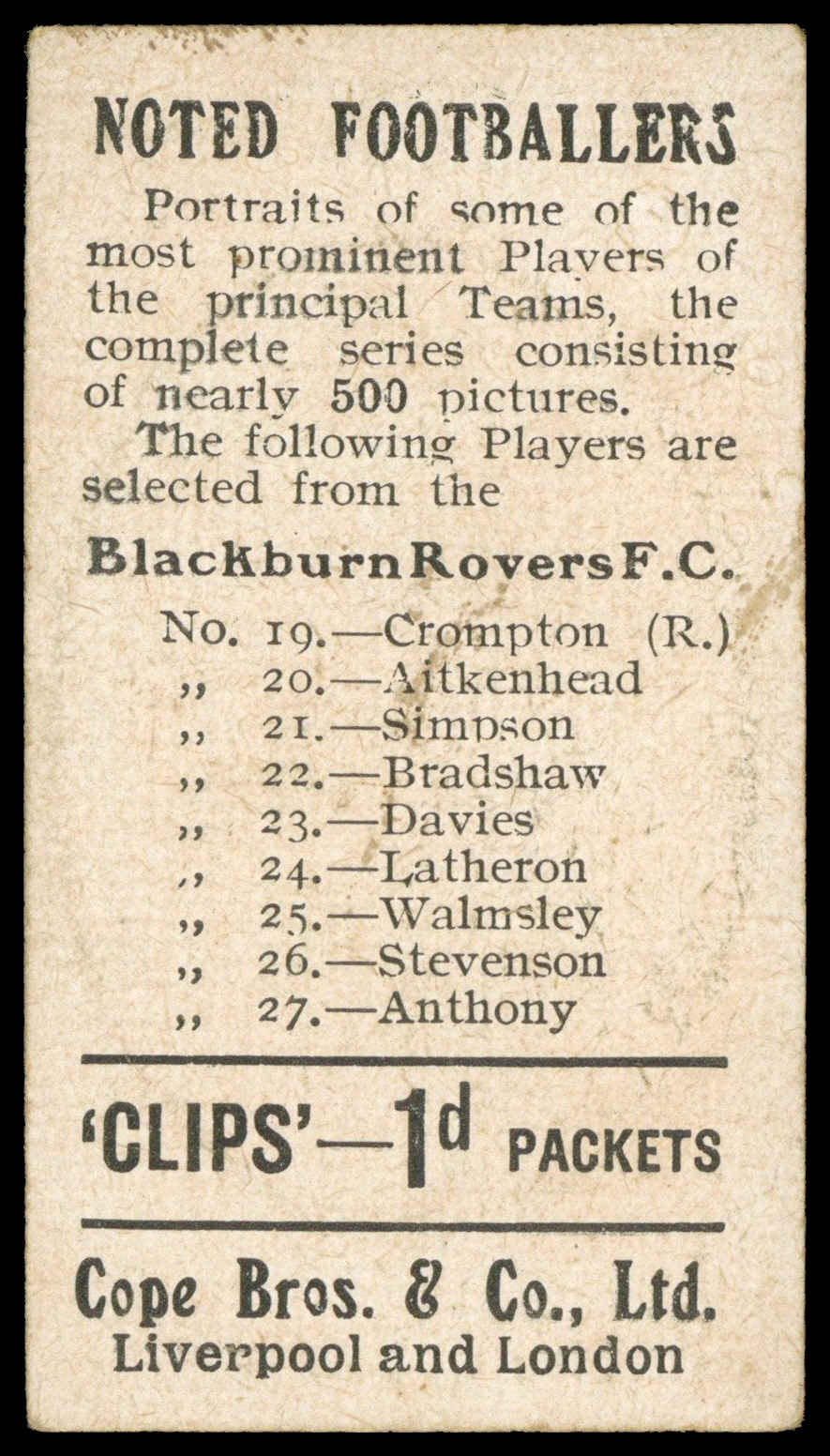 Cope - 'Noted Footballers (500)' (c1910) - Davies (Blackburn Rovers) Cope - 'Noted Footballers (500)' (c1910) - Davies (Blackburn Rovers)