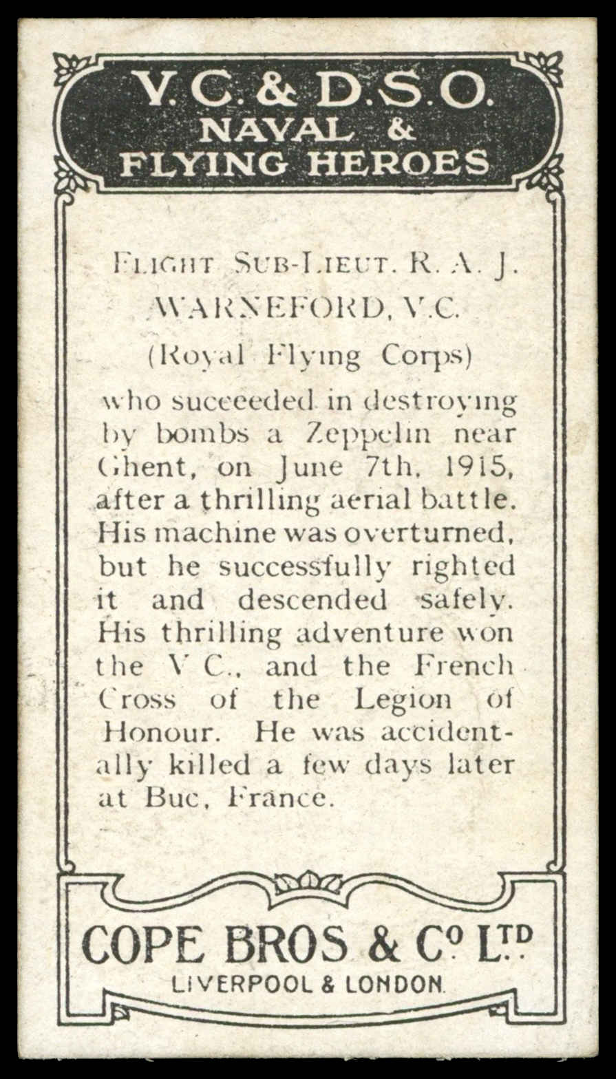 Cope - 'V.C. & D.S.O. Naval & Flying Heroes' (1916) - R.A.J. Warneford V.C. Cope - 'V.C. & D.S.O. Naval & Flying Heroes' (1916) - R.A.J. Warneford V.C.