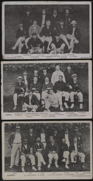 Hawkins - 'Kent / Essex / Sussex Cricket Teams - 3 card set' (c1907) - Unused Cricket Postcard