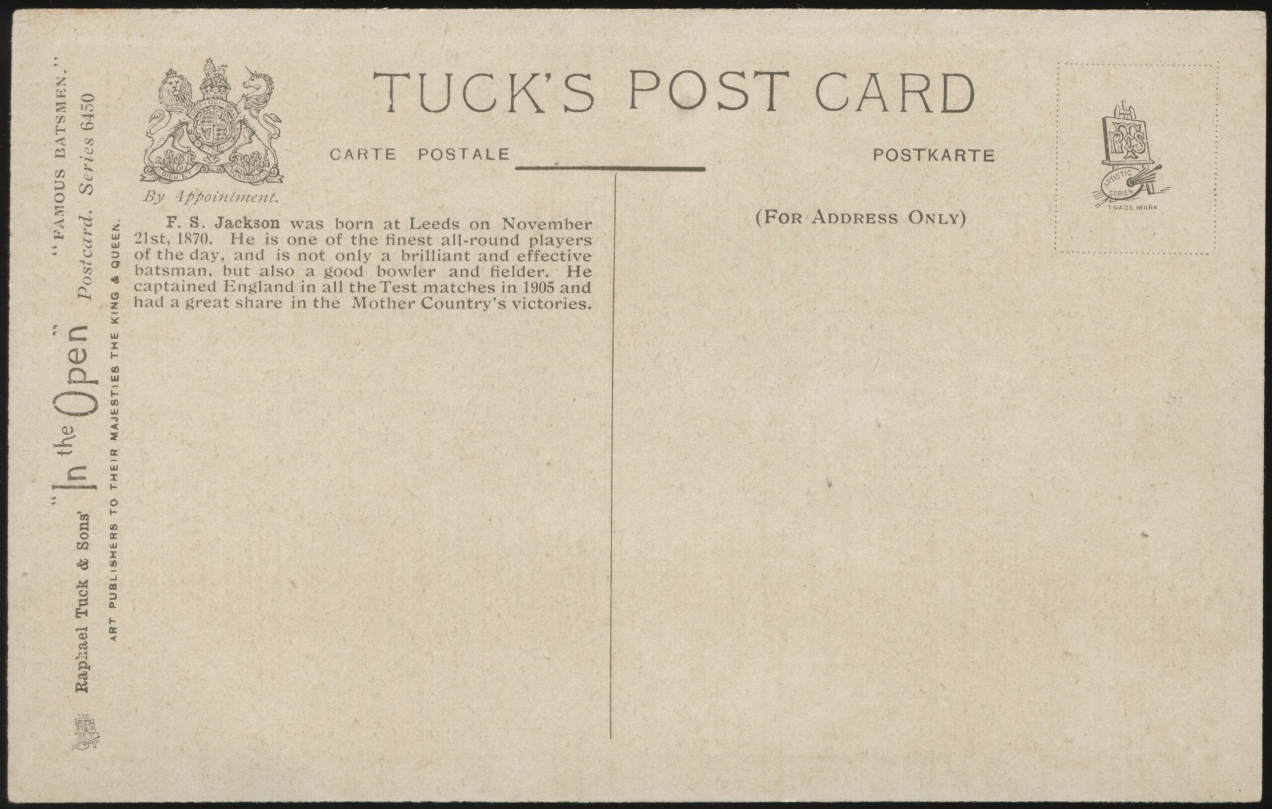 Tuck's - 'F.S. Jackson "Running Out to Drive"' (c1906) - Unused Postcard Tuck's - 'F.S. Jackson "Running Out to Drive"' (c1906) - Unused Postcard
