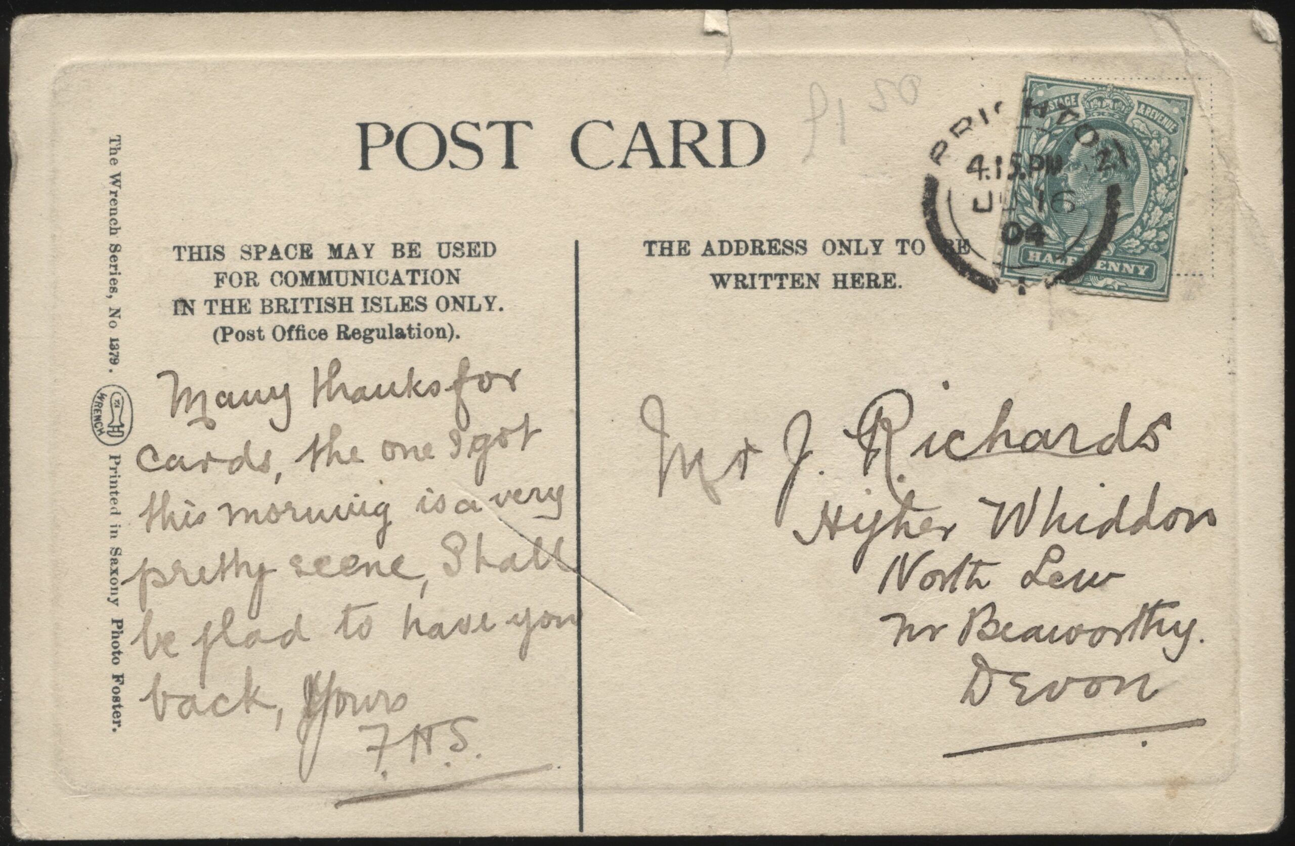 Wrench - 'Mr K.S. Ranjitsinhji Sussex & England' (1904) - Used Cricket Postcard Wrench - 'Mr K.S. Ranjitsinhji Sussex & England' (1904) - Used Cricket Postcard