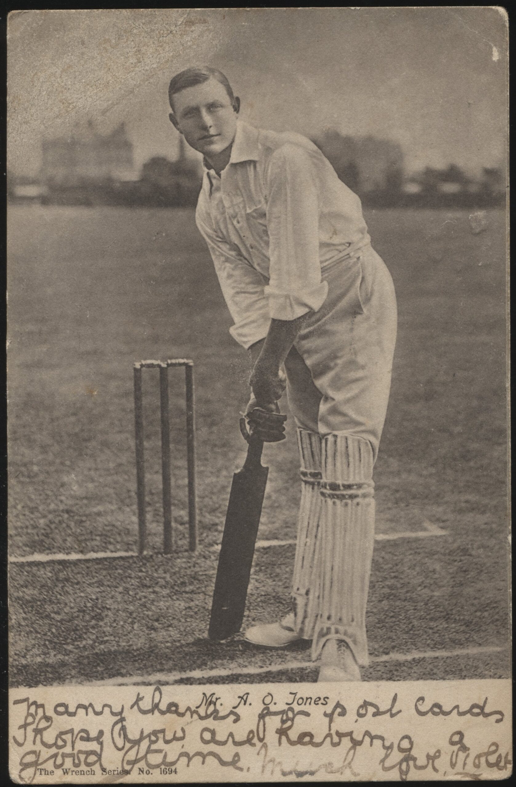 Wrench - 'Mr A.O. Jones Taking Strike' (1903) - Used Cricket Postcard Wrench - 'Mr A.O. Jones Taking Strike' (1903) - Used Cricket Postcard