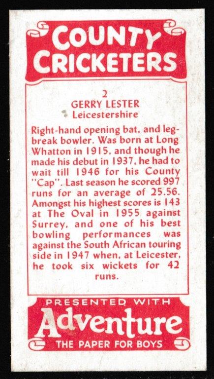 Thomson (D.C.) - 'County Cricketers' (1957) - Card #2 (Adventure) - Gerry Lester (Leicestershire) Thomson (D.C.) - 'County Cricketers' (1957) - Card #2 (Adventure) - Gerry Lester (Leicestershire)