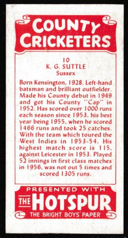 Thomson (D.C.) - 'County Cricketers' (1957) - Card #10 (Hotspur) - K.G. Shuttle (Sussex) Thomson (D.C.) - 'County Cricketers' (1957) - Card #10 (Hotspur) - K.G. Shuttle (Sussex)