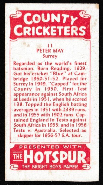 Thomson (D.C.) - 'County Cricketers' (1957) - Card #11 (Hotspur) - Peter May (Surrey) Thomson (D.C.) - 'County Cricketers' (1957) - Card #11 (Hotspur) - Peter May (Surrey)