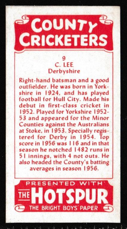 Thomson (D.C.) - 'County Cricketers' (1957) - Card #9 (Hotspur) - C. Lee (Derbyshire) Thomson (D.C.) - 'County Cricketers' (1957) - Card #9 (Hotspur) - C. Lee (Derbyshire)