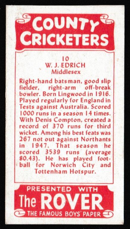 Thomson (D.C.) - 'County Cricketers' (1957) - Card #10 (Rover) - W.J. Edrich (Middlesex) Thomson (D.C.) - 'County Cricketers' (1957) - Card #10 (Rover) - W.J. Edrich (Middlesex)