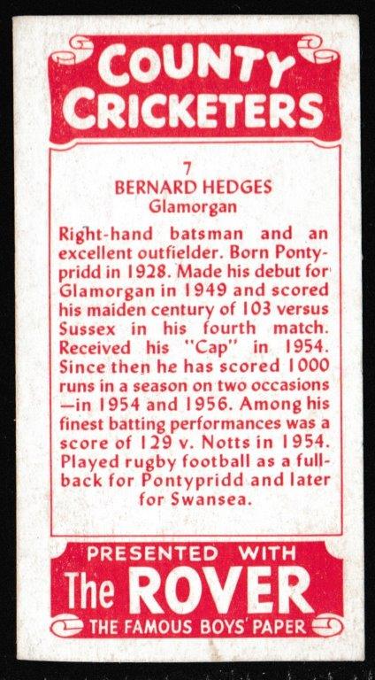 Thomson (D.C.) - 'County Cricketers' (1957) - Card #7 (Rover) - Bernard Hedges (Glamorgan) Thomson (D.C.) - 'County Cricketers' (1957) - Card #7 (Rover) - Bernard Hedges (Glamorgan)