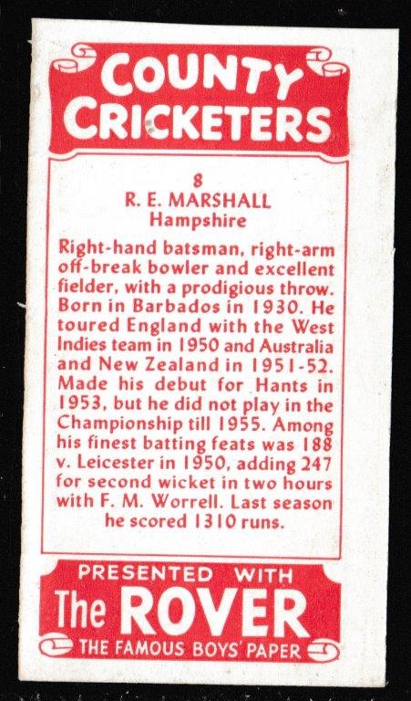 Thomson (D.C.) - 'County Cricketers' (1957) - Card #8 (Rover) - R.E. Marshall (Hampshire) Thomson (D.C.) - 'County Cricketers' (1957) - Card #8 (Rover) - R.E. Marshall (Hampshire)