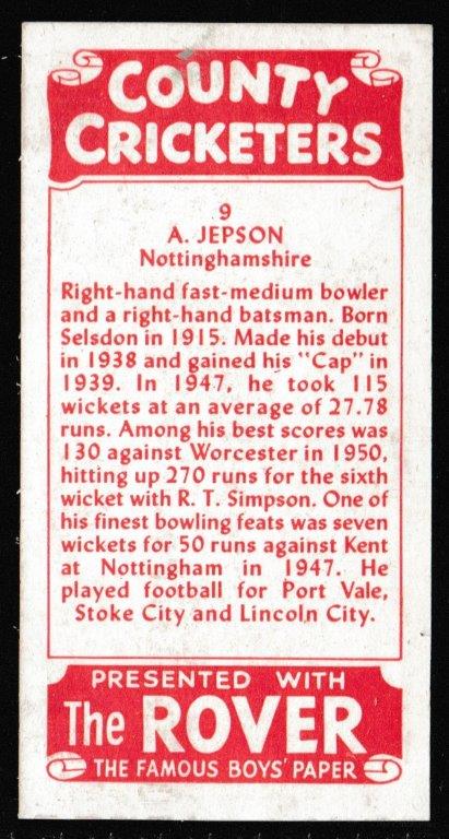 Thomson (D.C.) - 'County Cricketers' (1957) - Card #9 (Rover) - A. Jepson (Nottinghamshire) Thomson (D.C.) - 'County Cricketers' (1957) - Card #9 (Rover) - A. Jepson (Nottinghamshire)