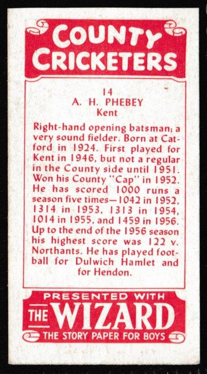 Thomson (D.C.) - 'County Cricketers' (1957) - Card #14 (Wizard) - A.H. Phebey (Kent) Thomson (D.C.) - 'County Cricketers' (1957) - Card #14 (Wizard) - A.H. Phebey (Kent)