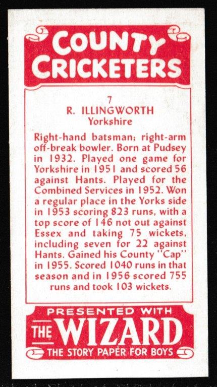 Thomson (D.C.) - 'County Cricketers' (1957) - Card #7 (Wizard) - R. Illingworth (Yorkshire) Thomson (D.C.) - 'County Cricketers' (1957) - Card #7 (Wizard) - R. Illingworth (Yorkshire)