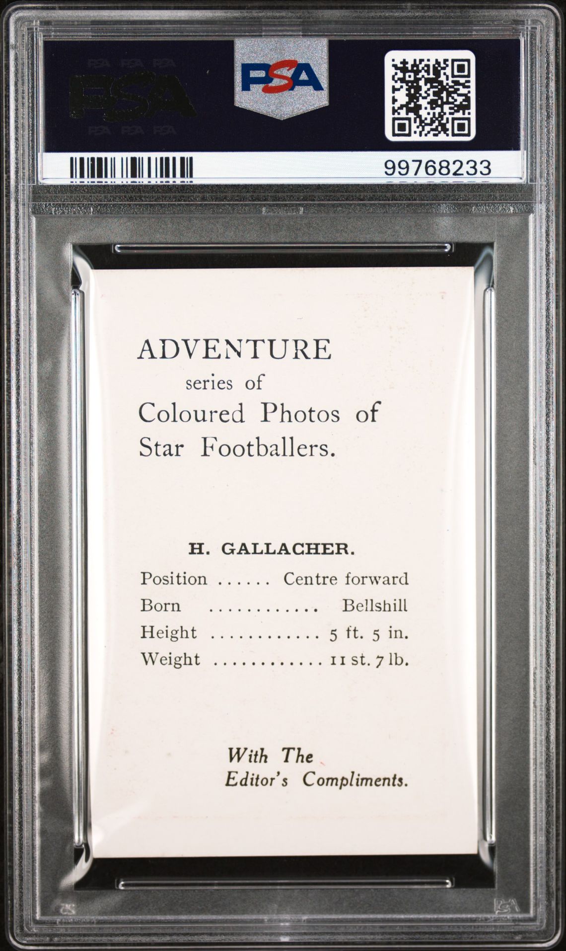 D.C. Thomson/Adventure - 'Coloured Photos of Star Footballers' (1924) - Hugh Gallacher (Airdrie) **PSA4 (MK)** D.C. Thomson/Adventure - 'Coloured Photos of Star Footballers' (1924) - Hugh Gallacher (Airdrie) **PSA4 (MK)**