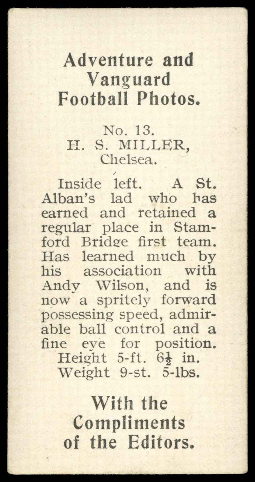 Thomson (D.C.) - 'Football Photos' (c1925) - H.S. Miller (Chelsea) Thomson (D.C.) - 'Football Photos' (c1925) - H.S. Miller (Chelsea)