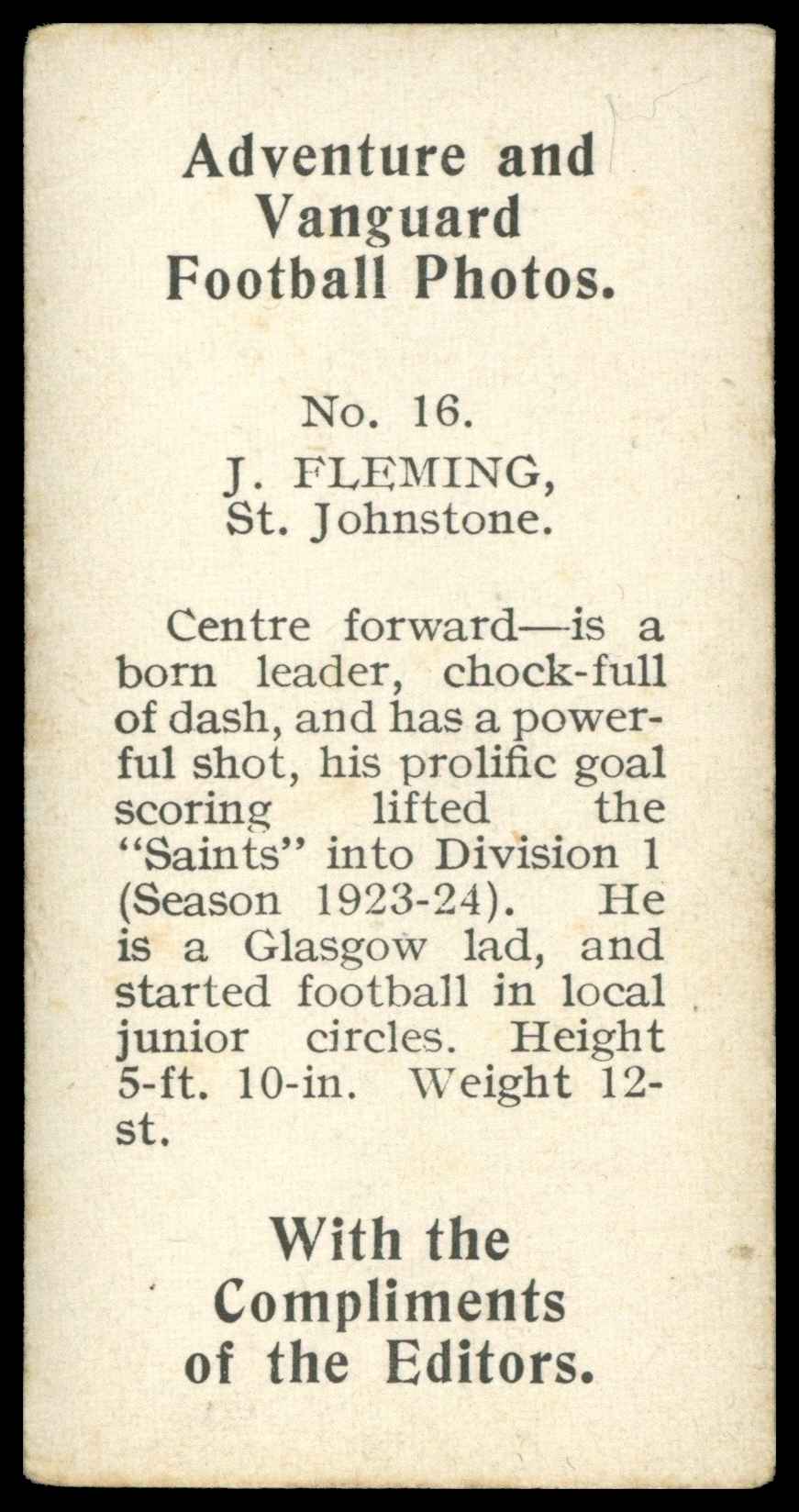 Thomson (D.C.) - 'Football Photos' (c1925) - J. Fleming (St. Johnstone) Thomson (D.C.) - 'Football Photos' (c1925) - J. Fleming (St. Johnstone)