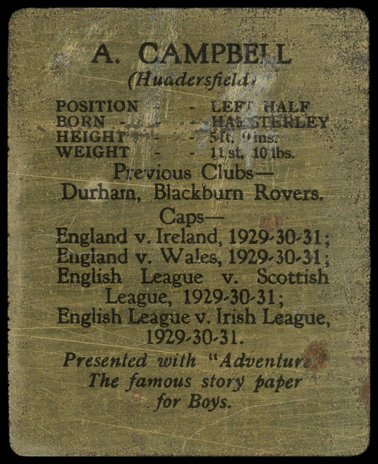 D.C. Thomson - 'Footballers (Metal)' (1932) - A. Campbell (Huddersfeld Town) D.C. Thomson - 'Footballers (Metal)' (1932) - A. Campbell (Huddersfeld Town)