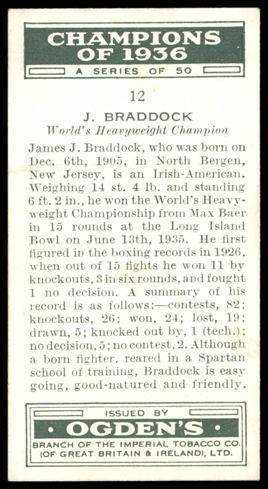 Ogden's - 'Champions of 1936' (1936) - J. Braddock (Boxing) Ogden's - 'Champions of 1936' (1936) - J. Braddock (Boxing)