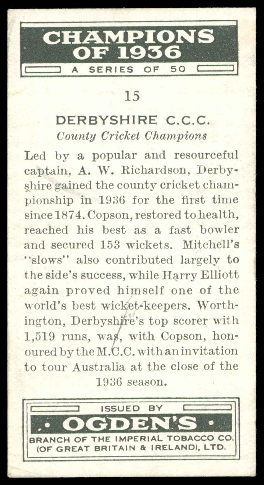 Ogden's - 'Champions of 1936' (1936) - Derbyshire C.C.C. Ogden's - 'Champions of 1936' (1936) - Derbyshire C.C.C.