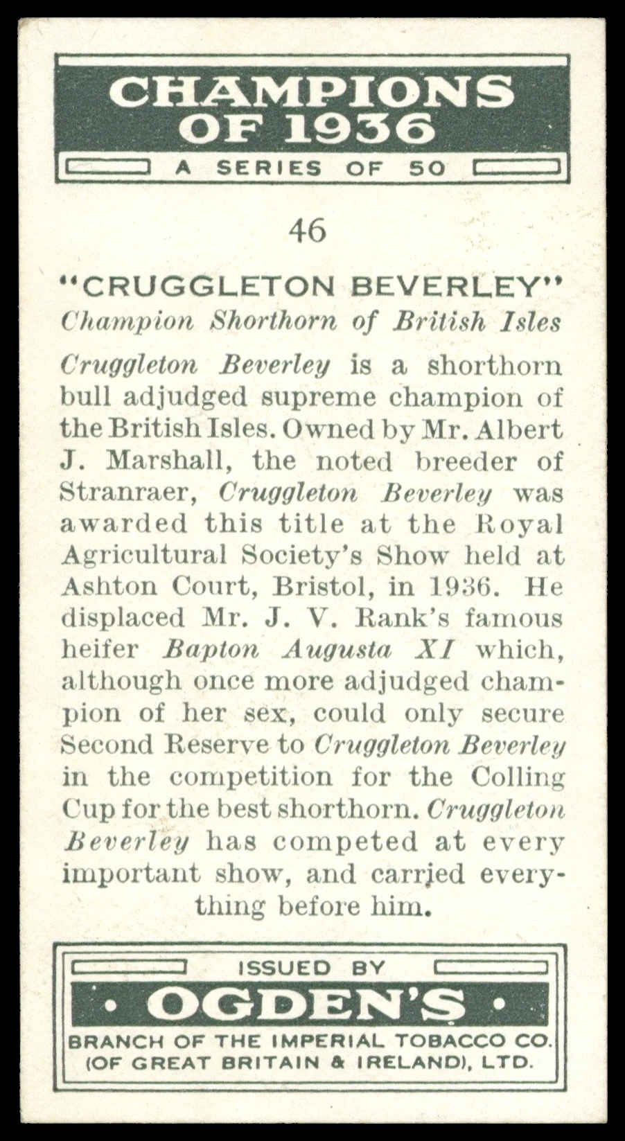 Ogden's - 'Champions of 1936' (1936) - Cruggleton Beverley (Shorthorn Bull) Ogden's - 'Champions of 1936' (1936) - Cruggleton Beverley (Shorthorn Bull)