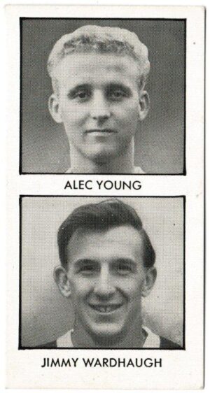 Thomson (D.C.) - 'World Cup Footballers (Adventure)' (1958) - Card #8 - Alec Young & Jimmy Wardhaugh (Hearts)