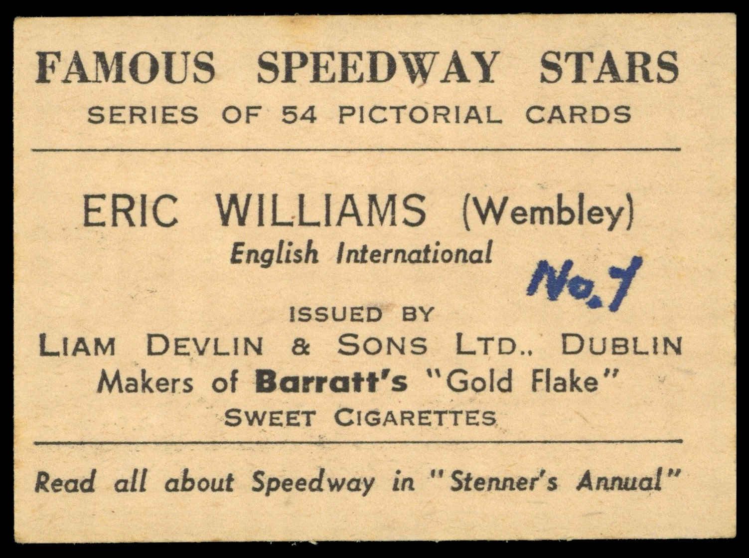 Devlin (Liam) - 'Famous Speedway Stars' (c1960) - Eric Williams (Wembley) Devlin (Liam) - 'Famous Speedway Stars' (c1960) - Eric Williams (Wembley)